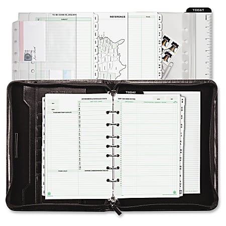 Day-Timer Aristo 34" Bonded Leather Binder Set - Daily, Weekly, Monthly - 1 Day, 1 Month, 1 Week Double Page Layout - 5 1/2" x 8 1/2" White - 7-ring - Zipper - Black - Bonded Leather - Built-in Calendar, Tabbed, Address & Phone Page, Divider, Notepad, Card Holder, Pouch, Page Marker, Refillable