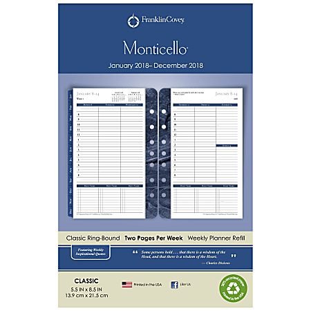 FranklinCovey® Monticello Appointment Book Refill, 5 1/2" x 8 1/2", White, January to December 2018 (37062-18)