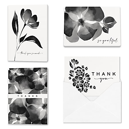 All Occasion Thank You "Monochrome Floral" Greeting Card Assortment With Blank Envelopes, 4-7/8" x 3-1/2", Pack of 24