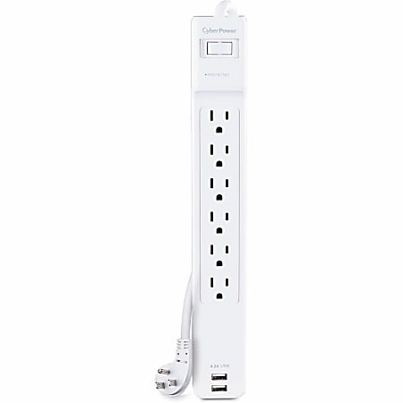 CyberPower CSP606U42A Professional 6 - Outlet Surge with 900 J - Clamping Voltage 500V, 6 ft, NEMA 5-15P, Right Angle - 45° Offset, 15 Amp, 2 - 4.2 Amps (Shared) USB, White, RG6 Coaxial Protection, Lifetime Warranty
