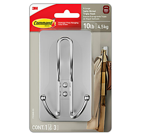Command™ X-Large Satin Nickel Triple Hook, 1 Command Hook, 3 Command Strips, Damage Free Hanging Picture Hangers, No Tools Wall Hanging Strips