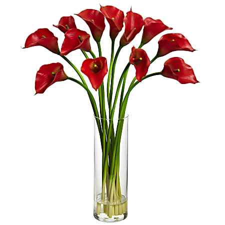 Nearly Natural Mini Calla Lily 20”H Plastic Silk Flower Arrangement With Vase, 20”H x 15”W x 15”D, Red