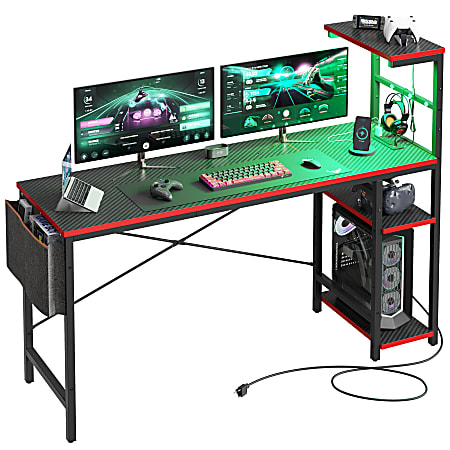 Bestier LED Gaming Computer Desk With Power Outlets Shelves Hook