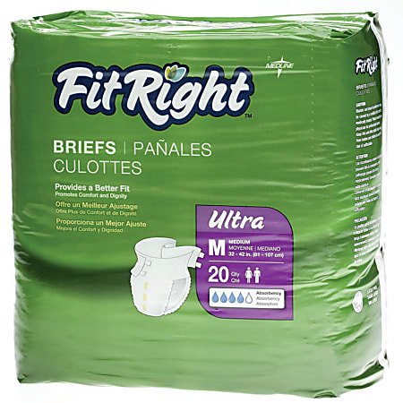 FitRight Ultra Briefs, Medium, 32 - 42", White, 20 Briefs Per Bag, Case Of 4 Bags