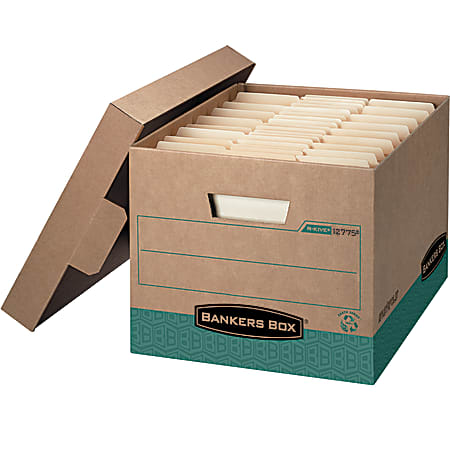 Bankers Box® R-Kive® Storage Boxes, Letter/Legal, 15" x 12" x 10", 100% Recycled, Green/Kraft, Pack Of 4