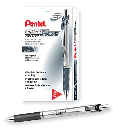 Pentel® EnerGize™ Mechanical Pencil, 0.5mm, #2 Lead, Black/Silver Barrel, Pack Of 12