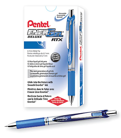 Pentel® EnerGel™ Retractable Liquid Gel Pens, Medium Point, 0.7 mm, Silver Barrel, Blue Ink, Pack Of 12