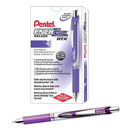 Pentel® EnerGel™ Retractable Liquid Gel Pens, Medium Point, 0.7 mm, Silver Barrel, Violet Ink, Pack Of 12