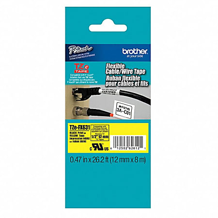 Brother® TZ-FX631 Extra-Strength Flexible Label Maker Tape, 0.5" x 26.2', Black Print/Yellow Label