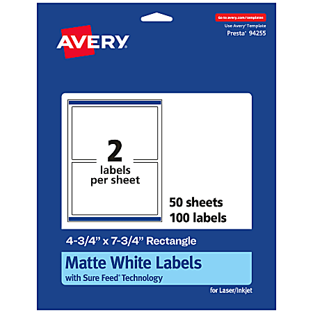 Avery® Permanent Labels With Sure Feed®, 94255-WMP50, Rectangle, 4-3/4" x 7-3/4", White, Pack Of 100