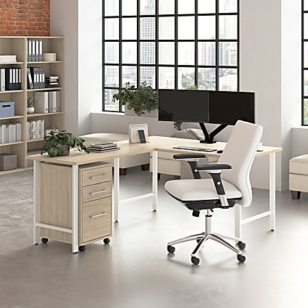 Bush Business Furniture Hustle 60"W L-Shaped Corner Computer Desk with 3 Drawer Mobile File Cabinet, Natural Elm, Standard Delivery Service