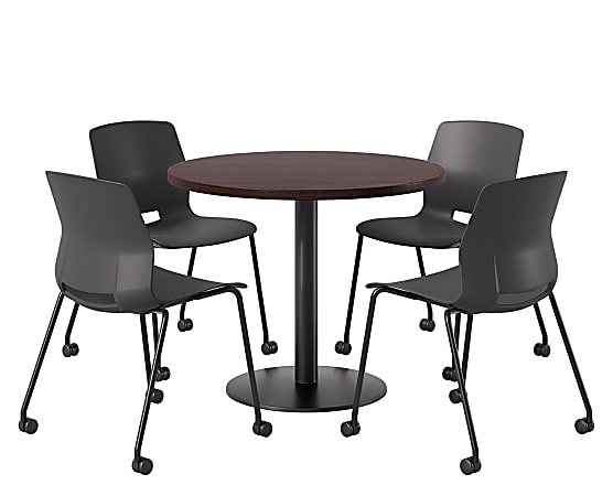 KFI Studios Proof Cafe Round Pedestal Table With Imme Caster Chairs, Includes 4 Chairs, 29”H x 36”W x 36”D, Cafelle Top/Black Base/Black Chairs