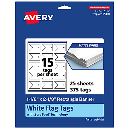 Avery® Print-To-The-Edge Flag Tags With Sure Feed® Technology, 1-1/2"x2-1/3" Rectangle Banner, Matte White, Pack Of 375