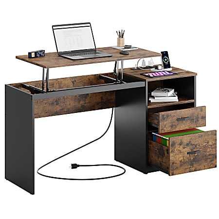 Bestier 60"W Large Lift-Top Adjustable-Height Office Standing Desk With File Drawer & Power Outlet USB, Rustic Brown