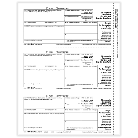ComplyRight™ 1099-CAP Tax Forms, 3-Up, Corporation Or Broker Copy C and/or State Copy, 8-1/2" x 11", Pack Of 150 Forms