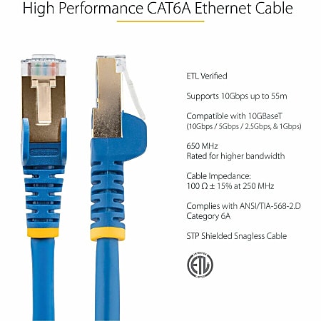StarTech.com 30 ft Blue Cat6a Shielded Patch Cable - Cat6a Ethernet Cable - 30ft Cat 6a STP Cable - Snagless RJ45 - C6ASPAT30BL