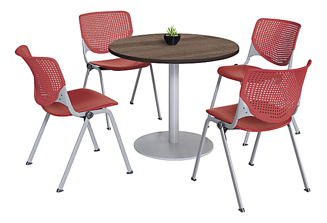 KFI Studios KOOL Round Pedestal Table With 4 Stacking Chairs, Studio Teak/Coral Orange