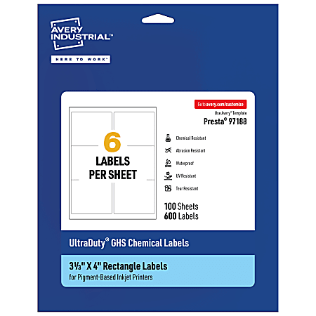 Avery® Ultra Duty® Permanent GHS Chemical Labels, 97188-WMUI100, Rectangle, 3-1/3" x 4", White, Pack Of 600