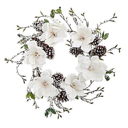 Nearly Natural 24”H Snowed Magnolia And Pine Cone Wreath, 24” x 3”, White