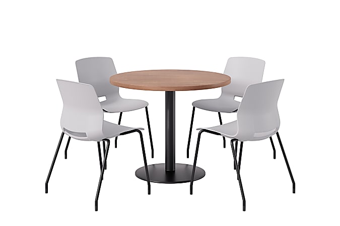 KFI Studios Midtown Pedestal Round Standard H Table Set, River Cherry Top/Black Base/Light Gray Chairs - 840031939906
