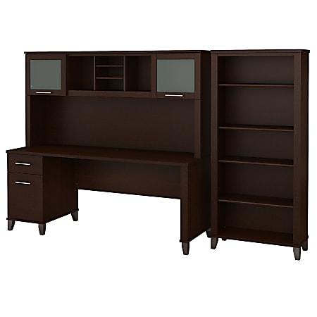 Bush Furniture Somerset 72"W Office Desk With Hutch And 5 Shelf Bookcase, Mocha Cherry, Standard Delivery