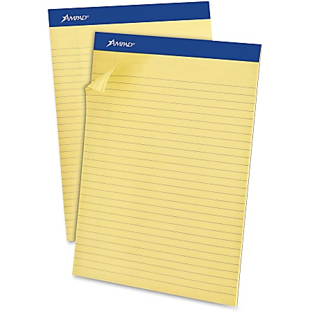 Ampad Basic Slot-perforated Pads - 50 Sheets - Stapled - 0.34" Ruled - 20 lb Basis Weight - 8 1/2" x 11 3/4" - Yellow Paper - Canary Cover - Environmentally Friendly, Perforated, Chipboard Backing - 12 / Dozen