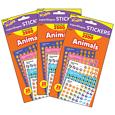 Trend superShapes Stickers, Animals Variety Pack, 2,500 Stickers Per Pack, Set Of 3 Packs
