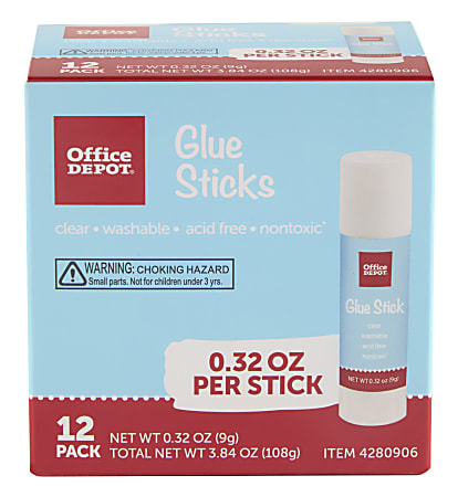 Office Depot&reg; Brand Glue Sticks, 0.32 Oz, Clear, Pack Of 12 Glue Sticks