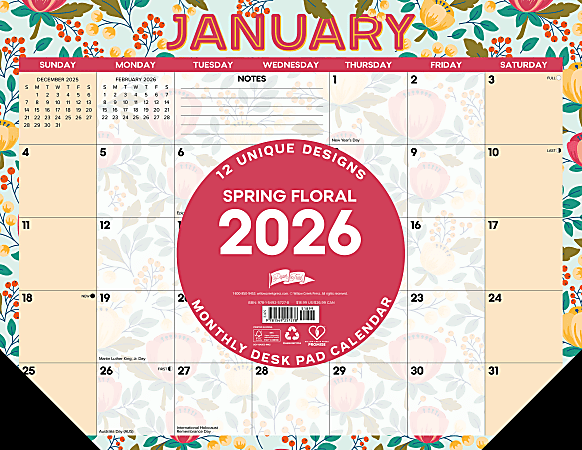 2026 Willow Creek Press Desk Pad Calendar, 22" x 17", Spring Floral, January To December, 57278