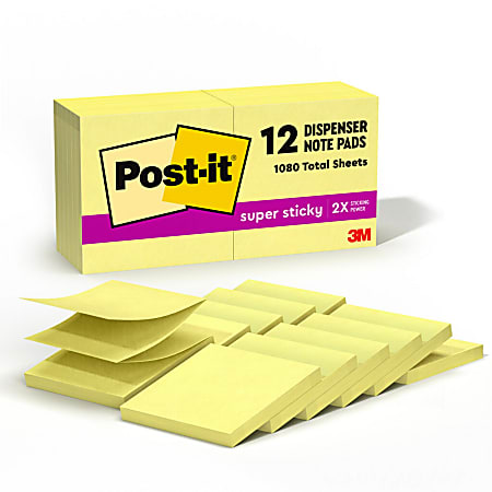 Post-it Super Sticky Notes, 3 in x 5 in, Canary Yellow, 12 Pads/Pack