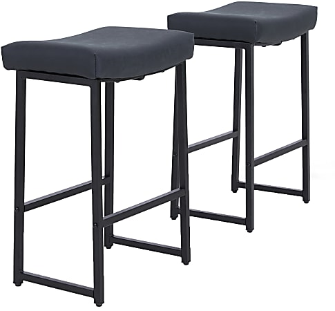 ALPHA HOME Saddle Design PU Leather Counter-Height Stools, Black, Set Of 2 Stools