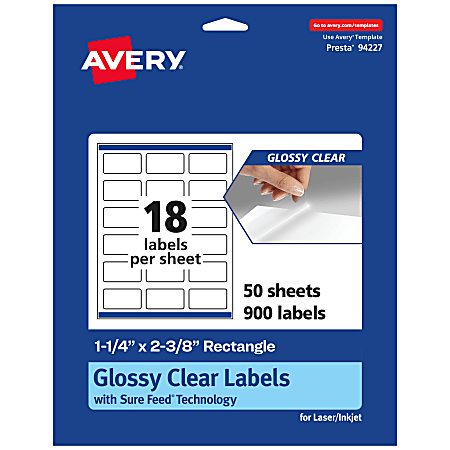 Avery® Glossy Permanent Labels With Sure Feed®, 94227-CGF50, Rectangle, 1-1/4" x 2-3/8", Clear, Pack Of 900