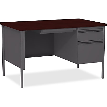 Lorell&reg; Fortress Series 48"W Steel Pedestal Writing Desk, Right-Handed, Charcoal/Mahogany