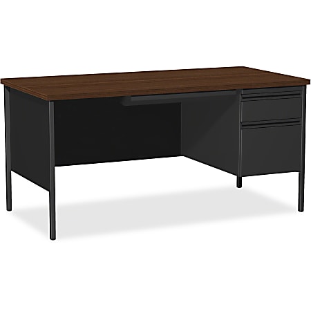 Lorell® Fortress Series 66"W Steel Pedestal Desk, Right, Black/Walnut