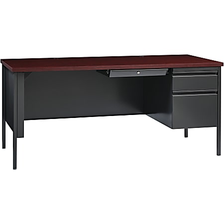Lorell® Fortress Series Steel Right-Handed Pedestal Writing Desk, 66"W, Charcoal/Mahogany