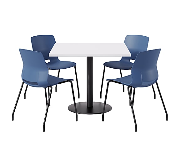 KFI Studios Proof Cafe Pedestal Table With Imme Chairs, Square, 29”H x 36”W x 36”W, Designer White Top/Black Base/Navy Chairs