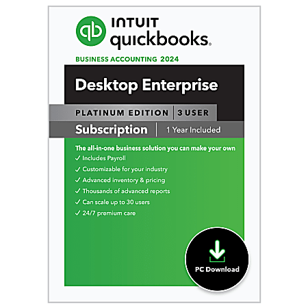 Intuit QuickBooks Desktop Enterprise Platinum, 2024, 3 Users, 1-Year Subscription, Windows® Compatible, ESD
