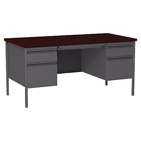 Lorell® Fortress Series 60"W Steel Double-Pedestal Desk, Charcoal/Mahogany