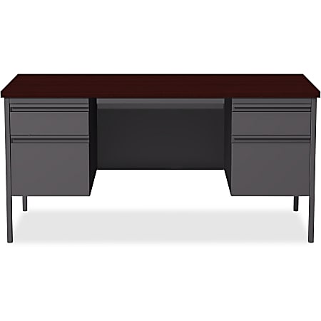 Lorell&reg; Fortress Series 60"W Steel Double-Pedestal Writing Desk, Charcoal/Mahogany