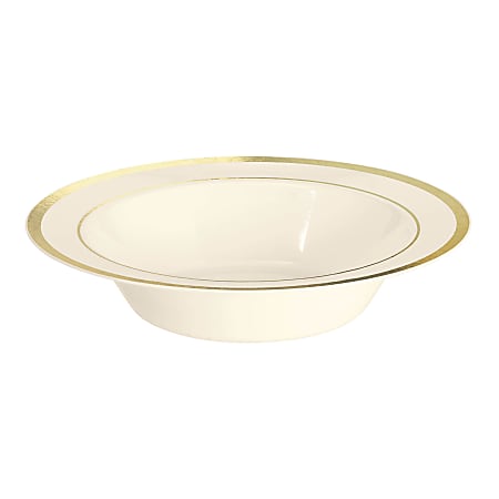 Amscan Premium Plastic Bowls, 7-1/2", Cream With Gold Trim, 10 Bowls Per Pack, Set Of 2 Packs