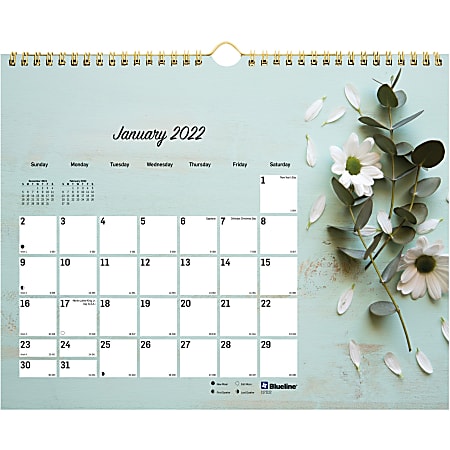 Blueline Romantic Floral Wall Calendar - Julian Dates - Monthly - January 2022 - December 2022 - 11" x 8" Sheet Size - Twin Wire - Floral - Reminder Section, Moon Phases, Holiday Listing, Reference Calendar, Unruled Daily Block - 1 Each