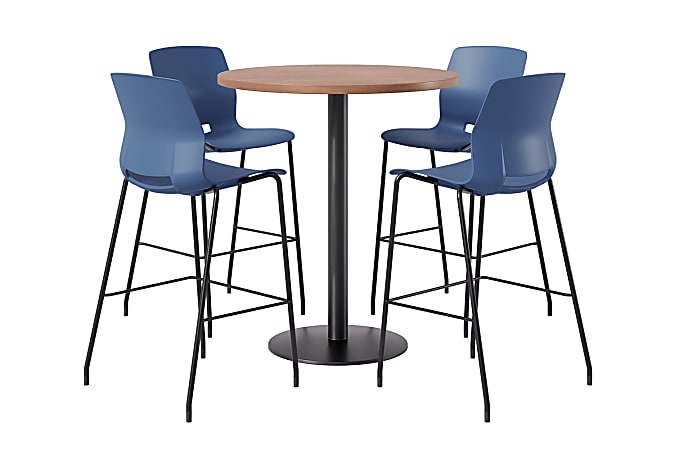 KFI Studios Proof Bistro Round Pedestal Table With Imme Barstools, 4 Barstools, River Cherry/Black/Navy Stools