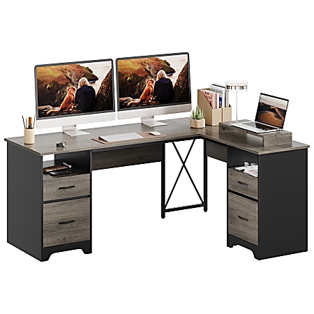 Bestier 63"W L-Shaped Corner Executive Desk With Monitor Stand &amp; Open Storage, Gray