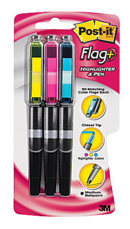 Post-it® Flag Pen/Highlighters, Chisel Point, 0.7 mm, Black Barrel, Assorted Ink Colors, Pack Of 3