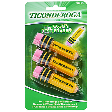 TICONDEROGA ® Erasers, Pencil Shaped, Yellow, 3 ct