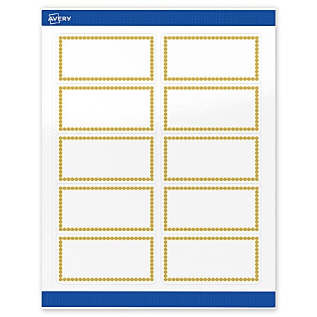 Avery® Printable Labels With Sure Feed® Technology, S00-DJH-PRWGP10, Rectangle, 2" x 4", Glossy White, Preprinted Gold Beads Design, Pack Of 100