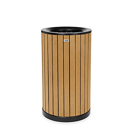 Alpine Slatted Recycled Plastic Panel Round Outdoor Trash Can, 32 Gallon, 33-7/8”H x 20”W x 20D, Cedar