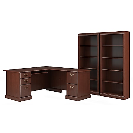 Bush Business Furniture Saratoga 66"W L-Shaped Corner Desk And Two 5-Shelf Bookcases, Harvest Cherry, Standard Delivery