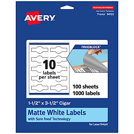 Avery® Print-To-The-Edge TrueBlock® Labels With Sure Feed®, 94122-TWMP100, Cigar, 1-1/2" x 3-1/2", Matte White, Pack Of 1000