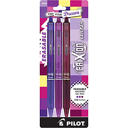 Pilot FriXion Clicker Vibe Retractable Erasable Gel Ink Pens, Fine Point, 0.7mm, Assorted Barrels, Assorted Ink, Pack of 3 Pens, 22550